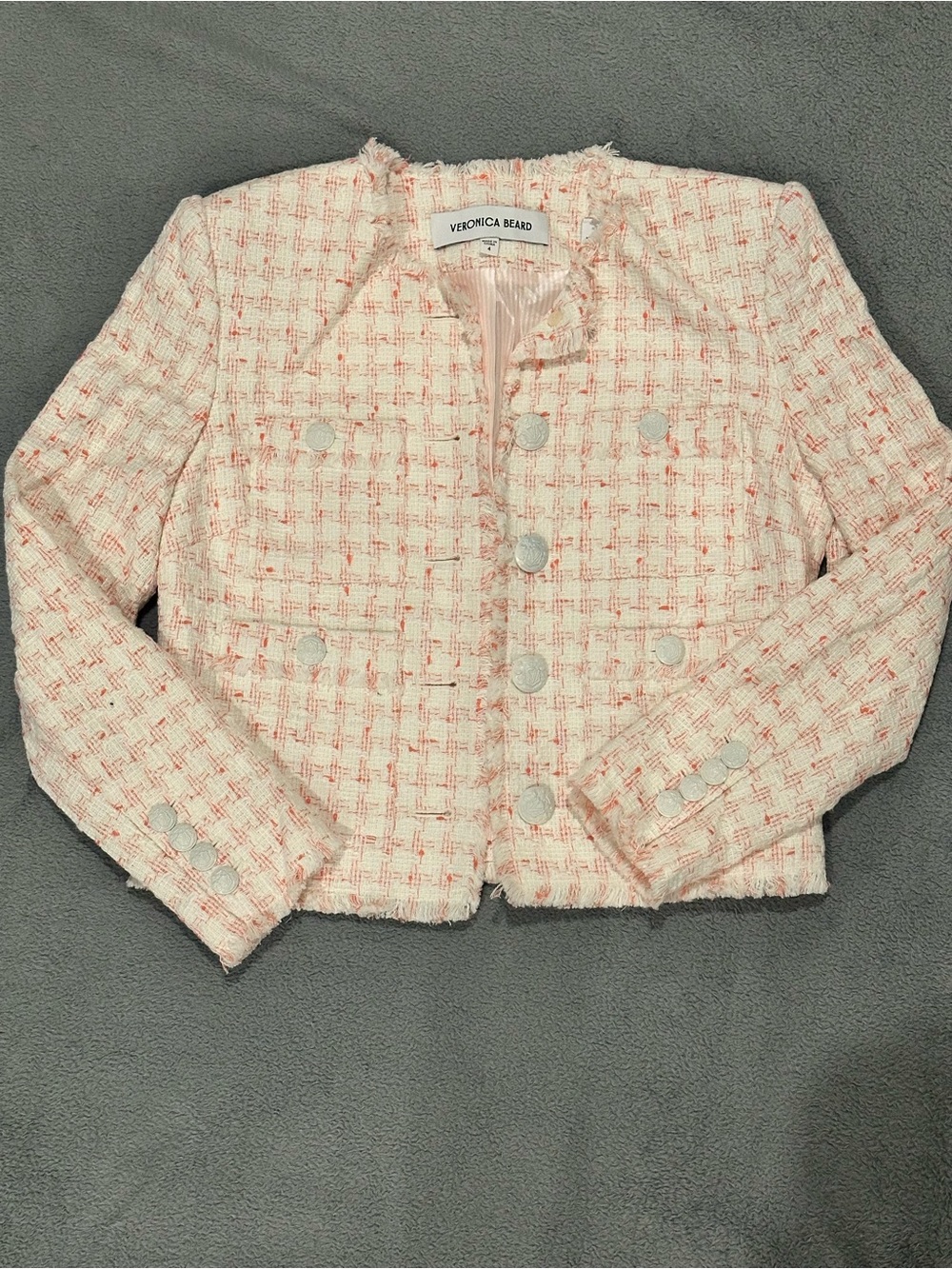 Veronica Beard Light Pink Tweed Fringed Jacket